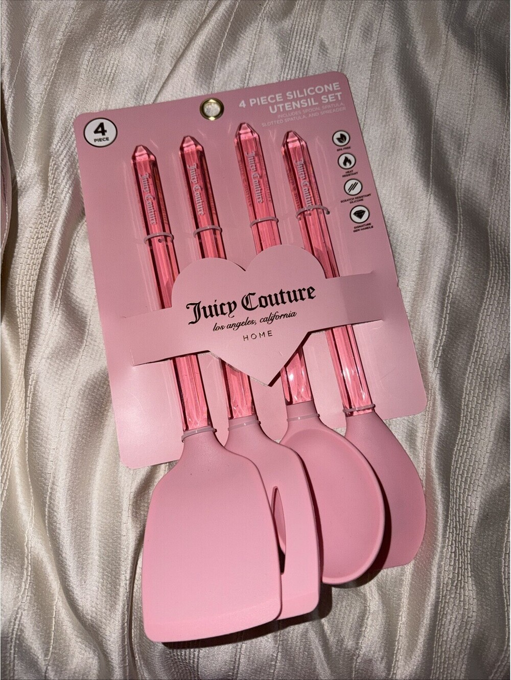 Juicy Couture Silicone Utensil Set Pink 4pc Spatula Spoon Gem Handle NWT